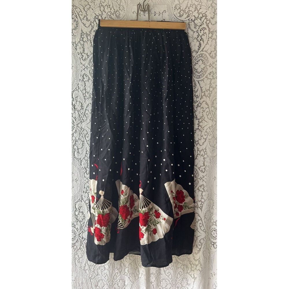 VTG California Connection Polka Dot Floral‎ Fan Border Midi Skirt NWT S